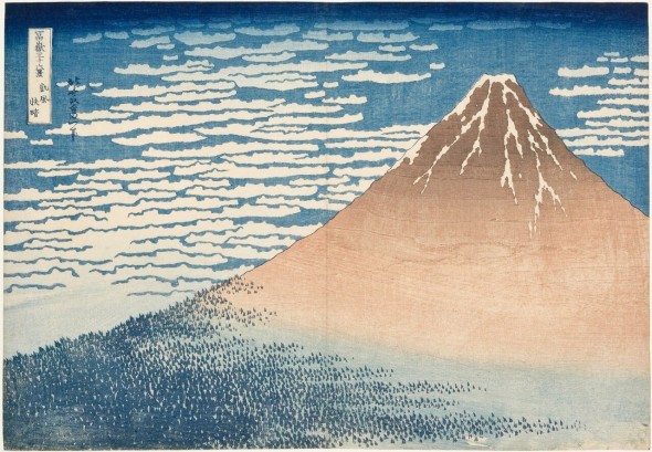 ​Katsushika Hokusai Giornata limpida col vento del sud (o Fuji Rosso), dalla serie Trentasei vedute del monte Fuji, 1830-1832 circa Silografia policromaKawasaki Isago no Sato Museum