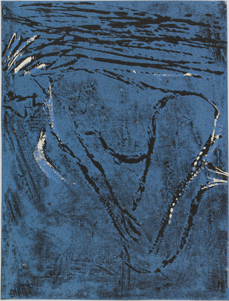 Georg Baselitz, Frau am Strand, 1981, Xylographie et linogravure en noir et bleu; offset apprêté, 800 x 603 mm. © Musées d’art et d’histoire, Ville de Genève, Cabinet d'arts graphiques. Photo: André Longchamp