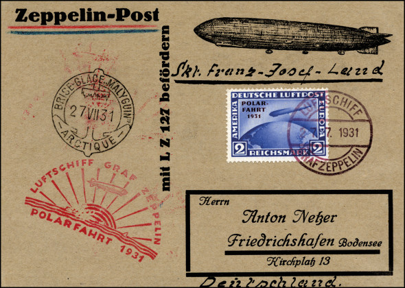 GERMANIA REICH POSTA AEREA 1931 - 2 m. Polar Fahrt (Mi 457), perfetto, su cartoncino impostato a bordo del dirigibile il 27/7/1931 per il Polo Nord, bollo speciale della crociera Zeppelin. - 150