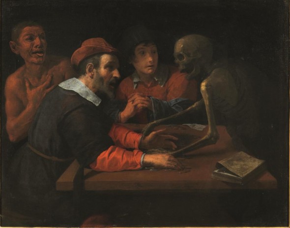 Giovanni Martinelli (Montevarchi 1600- Firenze 1659) LA MORTE AL TAVOLO DELL'AVARO olio su tela, cm 102x126