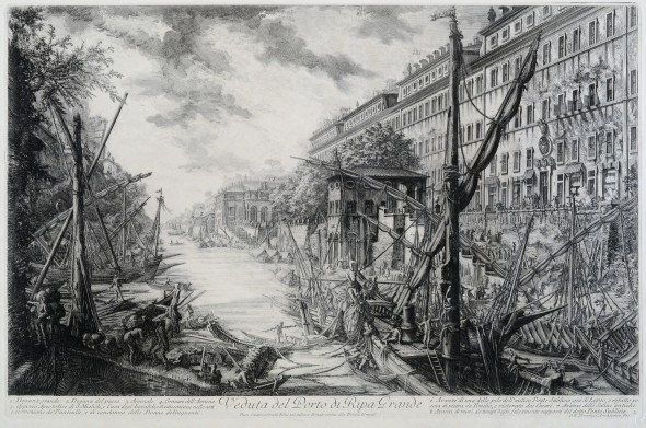 Giovanni Battista Piranesi,Veduta del  Porto di Ripa Grande e del Tevere con le imbarcazioni, 1753-1758, acquaforte, Mseo di Roma