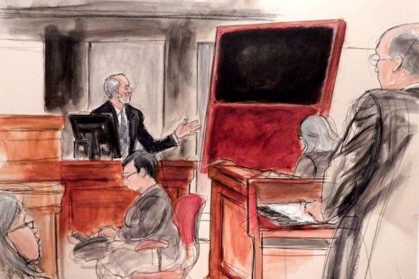 Domenico De Sole, on the witness, drawn by Elizabeth Williams pointing to the fake Rothko painting he purchased from Knoedler & Co. gallery. (Photo: Illustratedcourtroom.blogspot.com)
