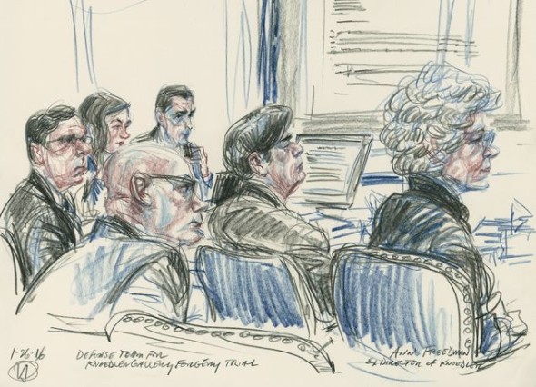 A drawing by Victor Juhasz of the defense team for the Knoedler Gallery forgery trial, with ex Knoedler president Ann Freedman. (Photo: Illustratedcourtroom.blogspot.com.)