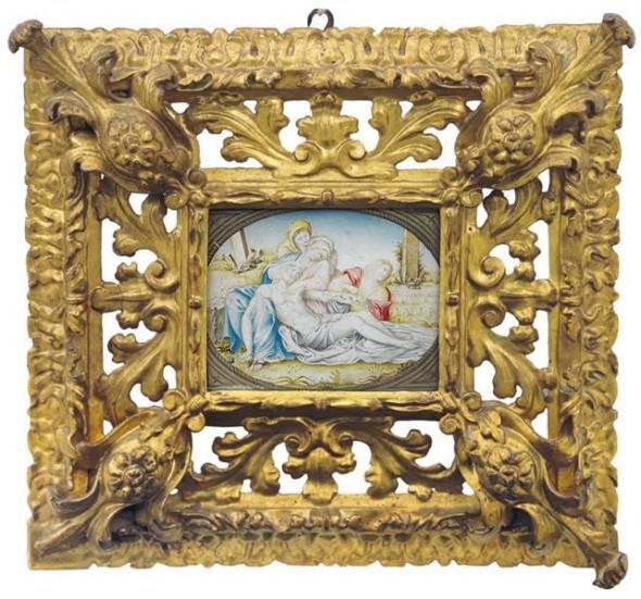 Lotto 130 BERNARDO CASTELLO (attribuito a) [Genova 1557 - 1629]   Deposizione Tempera su pergamena, 14,5x19,3 cm; entro antica cornice in legno scolpito e traforato;lievi scheggiature.