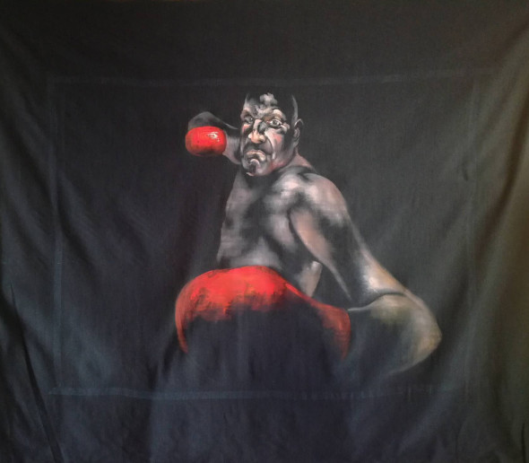 Il lottatore clandestino, acrilico su tessuto nero, 170x210 cm, 2017
