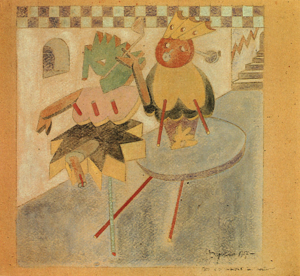 Fortunato Depero, Marionette (Architettura di ballerine), 1917, tempera su cartone, cm 34,5x37,5. Courtesy Galleria Matteotti, Torino