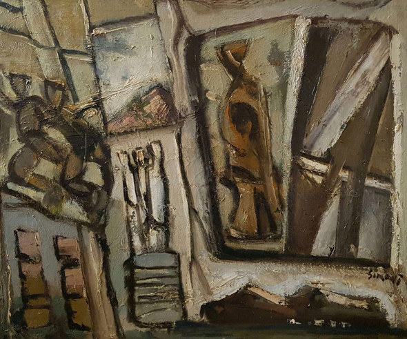 Mario Sironi, composizione anni 50, olio su tela, cm 50x60
