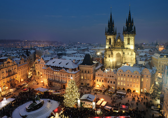 Old town square in Prague at Christmass time. Night.