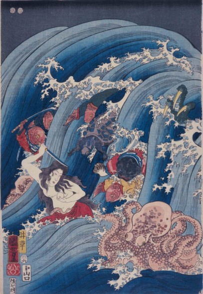 Utagawa Kuniyoshi La principessa Tamatori ruba il sacro gioiello dal Palazzo del Drago (Ryūgū Tamatori hime no zu) 1853 - trittico di ōban - 37,7x25,5 cm ciascuno
