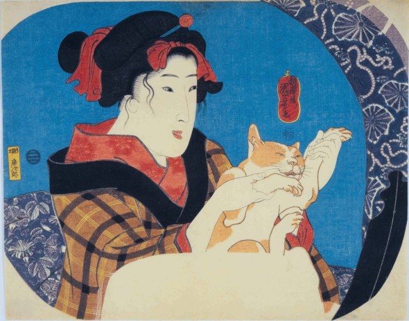 Utagawa Kuniyoshi Ragazza che gioca col gatto Serie senza titolo di donne che si riflettono allo specchio - circa 1845 - 22,8x28,8 cm
