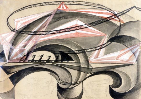 Giacomo Balla, Ponte della velocità, 1915, olio magro su carta, 68 x 96 cm