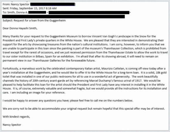 L'email di Nancy Spector in risposta alla Casa Bianca (courtesy Washington Post)