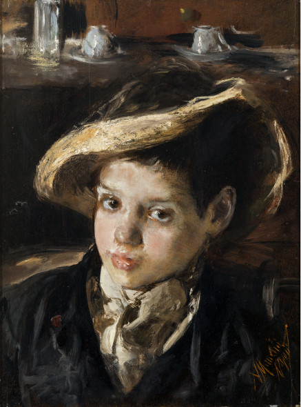 Ritratto di bambino con cappello di paglia rotta di Antonio , Mancini, mostra Ottocento Contemporaneo