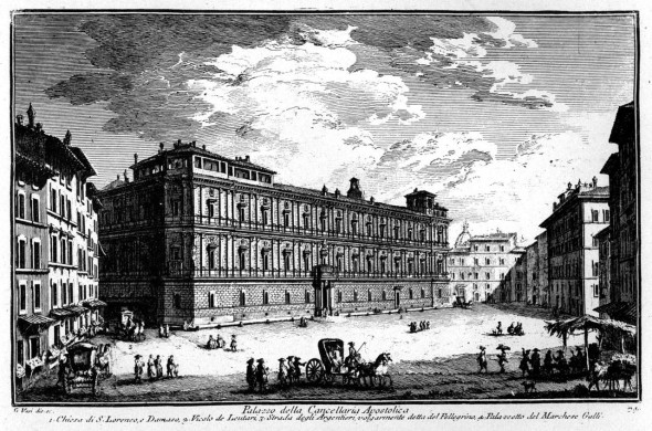 Palazzo della Cancelleria (l'incisione del XVIII secolo di Giuseppe Vasi esagera l'ampiezza della piazza, ove ora corre Corso Vittorio Emanuele).