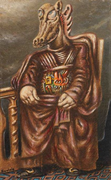 Alberto Savinio, Sacerdozio, 1946, tempera su tavola, cm 39,6x25