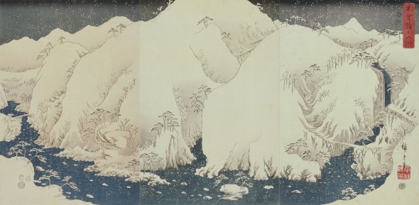 Visioni dal Giappone Utagawa Hiroshige Monti e fiumi lungo la strada Kiso 1857 trittico di ōban silografia policroma 378 x 755 mm Nakau Collection