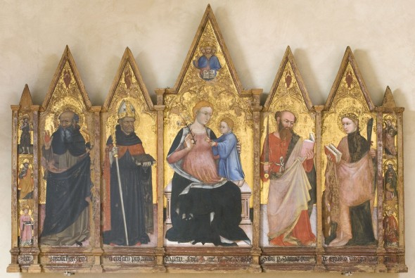 Scuola umbra : Ottaviano Nelli, Madonna con Bambino, Trinita', santi, Cherubini. 1403. Tempera su tavola