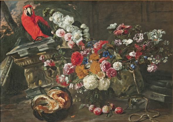 PIETER BOEL, detto “Pietro Fiammingo” (Anversa 1622 – Parigi 1674) Natura morta con vaso di fiori con frutta Olio su tela, 90 x 123 cm Firmato “PEETER BOEL” in b. a d. Pieve Ligure (Ge), collezione privata