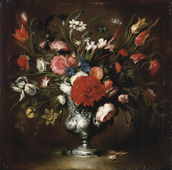 STEFANO CAMOGLI, detto “Il Camoglino” (Genova 1610 ca. – 1690) Vaso di fiori con peonie e iris Olio su tela, 75 x 74,5 cm Collezione privata