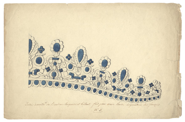 Francois-Regnault Nitot (1779-1853), drawing workshop Drawing of half of the turquoise and bright band made for Marie-Louise Empress of the French, 1811 21.2 x 32.5 cm Pen and black ink, traces of black chalk, watercolour highlights on wove paper © Chaumet Collection
