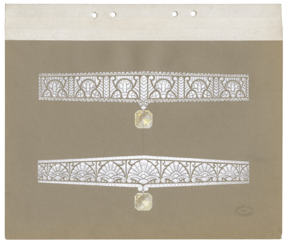 Joseph CHAUMET (1852-1926), drawing workshop Preparatory drawing of Egyptian inspiration tiaras, ca. 1925 Graphite pencil, white gouache and highlights on card © CHAUMET Collection