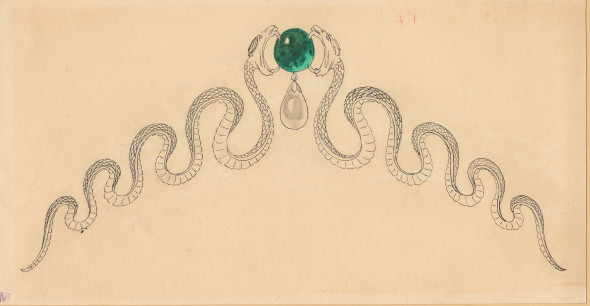 Joseph Chaumet (1852-1926), drawing workshop Preparatory drawing for a tiara with facing snakes surrounding an emerald, Ca. 1890-1900 15.5 x 29 cm Pen and black ink, traces of graphite pencil, gouache wash on cream tinted card © Chaumet Collection