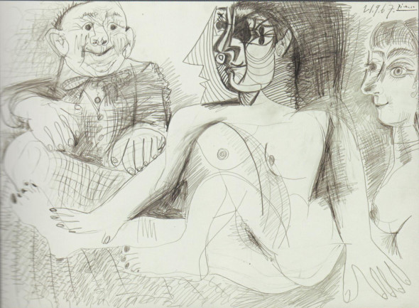 PICASSO Deux femmes et homme 1967 Dessin au crayon 56 x 76 cm