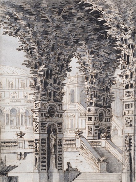 Fabrizio Galliari, “Scenografia con colonnato e balaustra”, penna e inchiostro bruno e acquerellato in nero e grigio, tracce a matita
