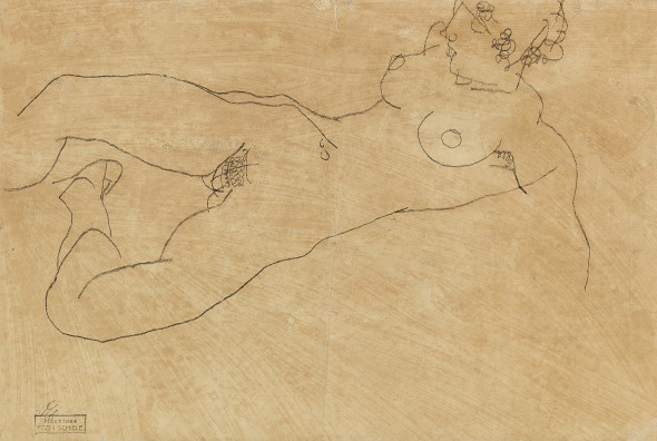 Egon Schiele, Donna nuda sdraiata, 1914, matita su carta, 51,3 x 46,5 cm, (revers), stima € 350.000 - 500.000 Asta 15 maggio 2018