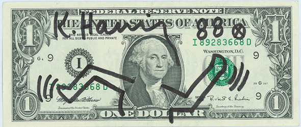 Art is money- disegno di Keith Haring su una banconota