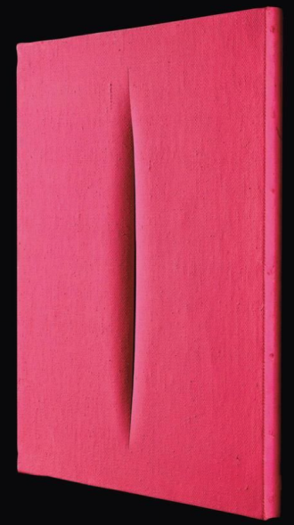 Lucio Fontana * (Rosario di Santa Fe, Argentina 1899–1968 Comabbio)  Concetto Spaziale “ATTESA”, 1964–65 signed and titled on the reverse, waterpaint on canvas, fluorescent pink, 46 x 38 cm, framed  This work is registered in the Fondazione Lucio Fontana, Milan, under no. 4179/1 and is accompanied by a photo-certificate of authenticity Stima EUR 480.000 ,- a 650.000 ,-Arte contemporanea I  Data: 16.05.2018, 18:00 Conservare in calendario privato Luogo dell'asta: Palais Dorotheum Vienna 