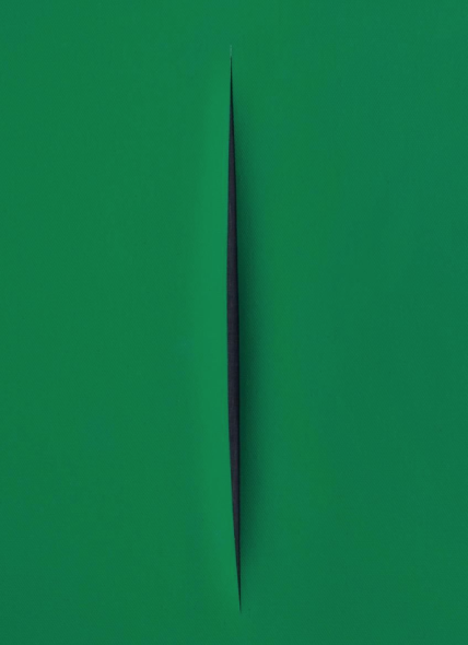 Lucio Fontana * (Rosario di Santa Fe, Argentina 1899–1968 Comabbio)  “Concetto Spaziale”, ATTESA, 1968, signed, titled and inscribed on the reverse: l. Fontana / “Concetto Spaziale” / ATTESA / Oggi sono / proprio / demoraliz- / zato! ..., waterpaint on canvas, green, 55 x 46 cm, framed  Stima EUR 400.000 ,- a 600.000 ,- USD 489.000 ,- a 733.000 ,-