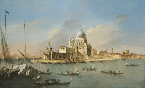 FRANCESCO GUARDI AND GIACOMO GUARDI (Venice 1712 - 1793), (Venice 1764 – 1835) Venice, a view of the Church of Santa Maria della Salute and the Punta della Dogana Oil on canvas, 67 x 109 cm.