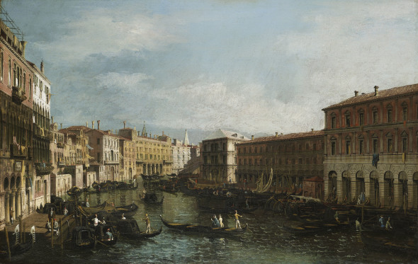 BERNARDO BELLOTTO   (Venice 1722 – 1780 Warsaw)  Venice, the Grand Canal from Ca’ da Mosto looking towards the Rialto Bridge oil on canvas,  62.5 x 97.8 cm
