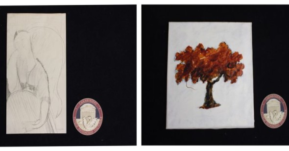 Disegno su carta cm 41,5 x 35 raffigurante “Donna Seduta” firmato in basso a dx Modigliani e dipinto acrilico su tela cm 39,5 x 40 raffigurante “Albero di colore arancio” con falsa firma di Schifano Fonte Immagine AgCult.it