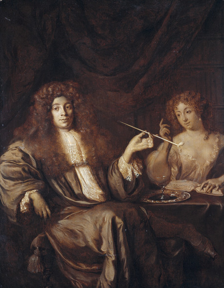 Ary de Vois (attribuito) - Adriaan van Beverland, compone uno scritto filosofico al tavolo con una prostituta, 1670 - 1680 Amesterdam,