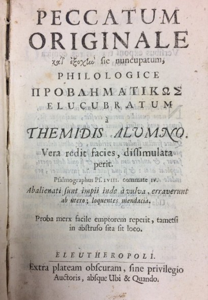 La prima edizione del 1678 del      Trattato sul peccato originale
