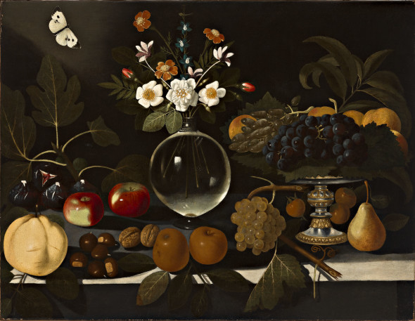 Maestro di Hartford, Alzatina con uva e pesche, vaso di fiori, frutta e farfalla, 1600-1602 ca., olio su tela