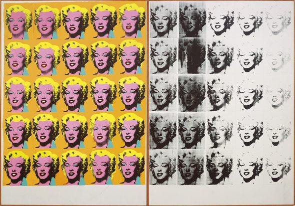 Andy Warhol (1928–1987), Marilyn Diptych, 1962. Acrylic, silkscreen ink, and graphite on linen, two panels: 80 7/8 x 114 in. (205.4 x 289.6 cm) overall. Tate, London; purchase 1980 © The Andy Warhol Foundation for the Visual Arts, Inc. / Artists Rights Society (ARS) New York