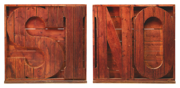 MARIO CEROLI  (Castelfrentano 1938)  "SI" e "NO"  sculture in legno, cm 32,5x27x6  eseguite negli anni Sessanta  stima: 1.500/3.000