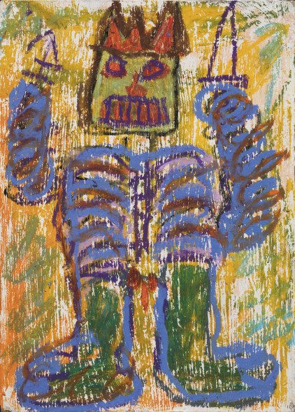 82 JEAN-MICHEL BASQUIAT (New York, USA 1960 - New York, USA 1988) Senza titolo acrilico, olio e pigmenti organici su cartolina, cm 17,78x12,7 sul retro firmato e datato J.M.B 82 eseguito nel 1982   L'opera è accompagnata da autentica  rilasciata nel 2000, dal Authentication Committee of the Estate of Jean-Michel Basquiat L'opera è registrata presso l'Authentication Committee of the Estate of Jean-Michel Basquiat, con il numero n. 10877   Provenienza Collezione privata, Usa Collezione private, Arezzo   Nel 1982, negli Stati Uniti, la sua prima mostra personale ha luogo negli spazi della gallerista Annina Noesei a New York, nello stesso mese le opere di Basquiat sono incluse nella collettiva Trasnavanguardia: Italia/America allestita da Achille Bonito Oliva nella Galleria Civica di Modena. La mostra propone una nuova generazione di artisti nata da culture differenti nella quale il nome di Basquiat compare accanto ai neoespressionisti Sandro Chia, Francesco Clemente, Enzo Cucchi, David Deutsch, David Salle e Julian Schnabel. In giugno è invitato a partecipare a Documenta 7, a Kassel, artista più giovane tra i 176 presenti, i suoi lavori non solo compaiono nel novero delle nuove leve e quindi con Francesco Clemente, Keith Haring, ma sono affiancati dalle opere di artisti ormai affermati quali Joseph Beuys, Anselm Kiefer, Gerard Richter, Cy Twombly e Andy Warhol. I suoi primi lavori "ufficiali", sin da quelli realizzati dal 1979-1980, privilegiano o la scrittura o un'immagine rapida, bruta, tracciata con l'urgenza dell'urlo, della testimonianza, dell'ostentazione privata di ogni compiacimento estetico. Il concetto funziona indifferentemente sulla carta e sulla tela: nel primo caso sembra acquisire talora un impatto più immediato e forse logico, essendo questo il supporto più idoneo ad accogliere un simile contributo gestuale. Emerge la traccia di un personaggio caricaturale sulla cui testa, o sul retro delle sue opere, viene rappresentata una corona a tre punte. Sulla corona si è espresso, l'amico Francesco Clemente: " la corona di Jean-Michel ha trepunte, perchè triplice è il suo lignaggio reale: di poeta, di musicista e di grande campione di boxe". (Luciano Caprile, Jean-Michel Basquiat La parola e l'immagine, catalogo mostra Museo d'Arte Moderna Città di Lugano, Jean-Michel Basquiat).   Stima  € 20.000 / 40.000