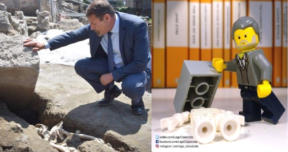 Il Direttore Generale Massimo Osanna (foto Parco Archeologico Pompei) e l'immagine su twitter della Lego Classics (foto twitter Lego Classics)