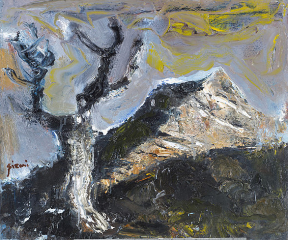 MARIO SIRONI (1885 - 1961) Montagna e albero noto come Paesaggio alpino, 1953 ca. olio su tela, cm 50x60