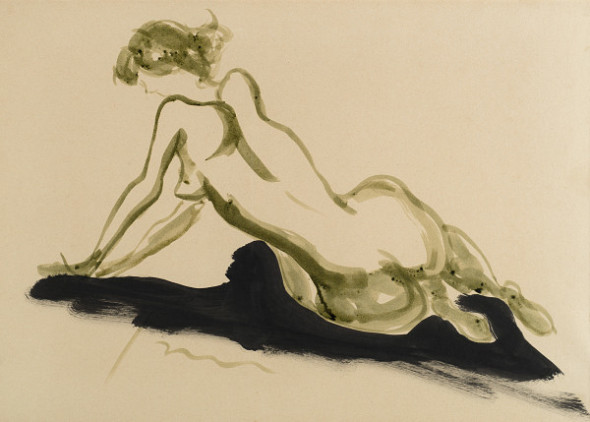 LUCIO FONTANA (1899 - 1968) Nudo femminile, 1960-64 china nera e verde su carta, cm 50x70 Stima: 4.000 - 5.000 €