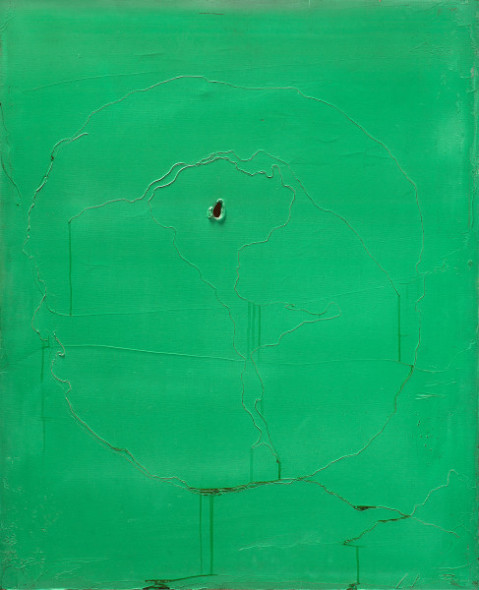 LUCIO FONTANA (1899 - 1968) Concetto spaziale, 1962 olio, buco e graffiti su tela, verde, cm 60x50 Firmato in basso a destra: l. fontana Stima: 200.000 - 300.000 €