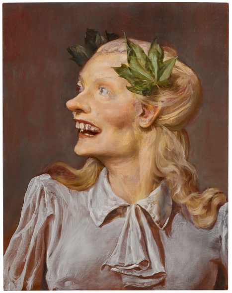 John Currin B. 1962 MINERVA signed and dated 2000 on the overlap oil on canvas 71.1 by 55.9 cm. 28 by 22 in.