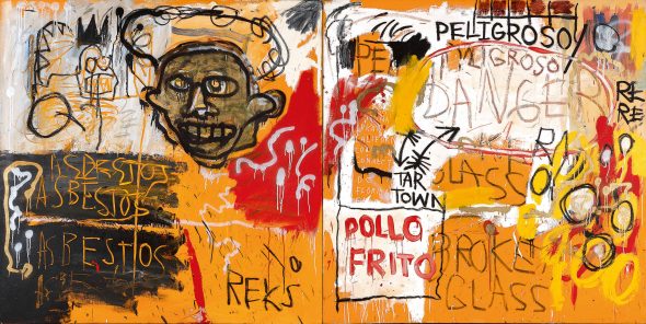 Jean‐Michel Basquiat Untitled (Pollo Frito) 1982 Acrylic, oil and enamel on canvas, in two parts 152.4 by 306.1 cm | 60 by 120½ in Estimate in Excess of $25 Million