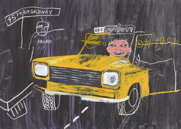 Jean-Michel Basquiat and Andy Warhol Taxi, 45th/Broadway Circa 1984-85 Acrylic, oil stick, synthetic polymer and silkscreen ink on canvas 196.2 by 272.4 cm | 77¼ by 107¼ in Estimate $6/8 Million