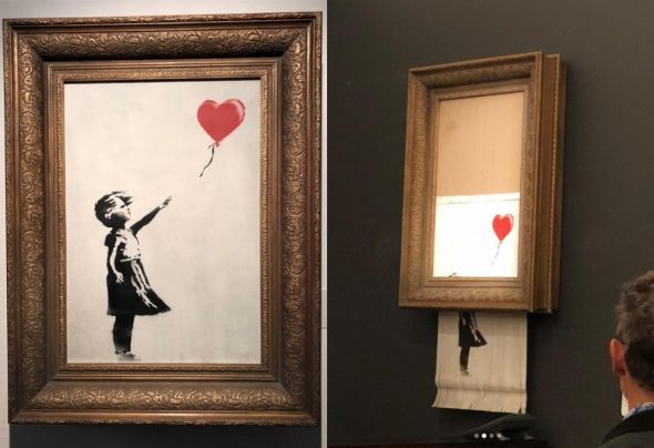 Il Banksy ”autodistrutto” all’asta Sotheby's Londra (foto hyperallergic.com)