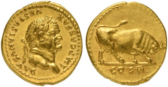 Aureo di Vespasiano, Roma 75 d,C. Ritratto dell’imperatore sul fronte, sul retro toro alla carica Base d’asta 22.500 euro Venduto a 60.100 euro Record mondiale per questa tipologia di moneta